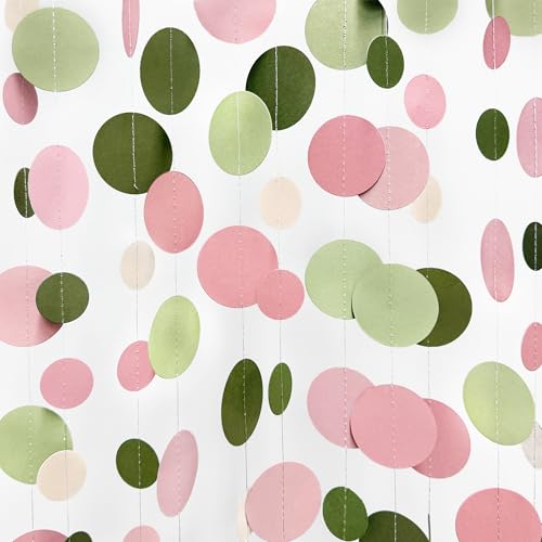Sage Green and Dusty Pink Polka Dots Garlands Olive Green Dusty Rose Beige Hanging Paper Circle Dots Streamer for Girls Birthday Wedding Shower Engagement Bachelorette Party Decorations Supplies