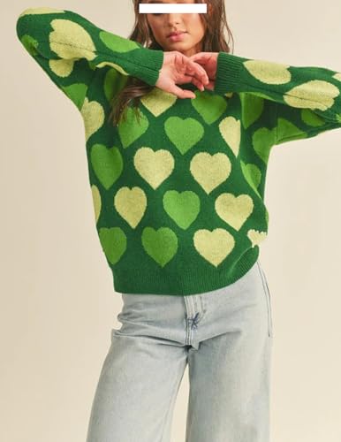 Image of Women Heart Print Knit Pullover Sweater Long Sleeve Round Neck Love Pattern Sweaters Trendy Valentine Knitted Sweater