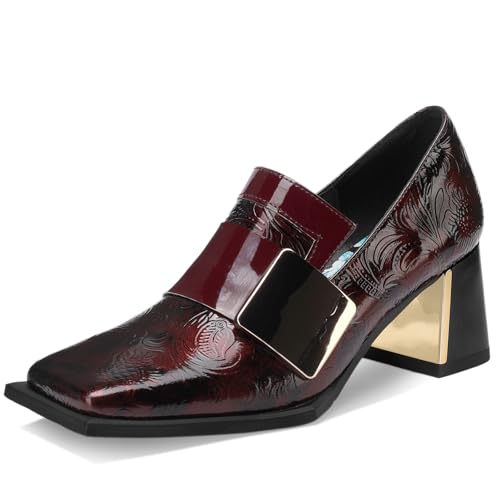 TDD Mocasines para mujer de charol con hebilla y puntera cuadrada, vestido de bloque grueso, sin cordones, anchos, casuales, cómodos, elegantes, zapatos de 5 cm, A burdeos, 36 EU