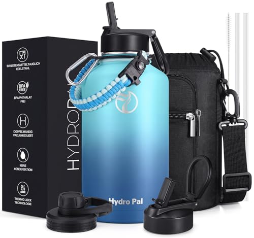 HydroPal Isolierflasche 1900ml (1,9L) Edelstahl, BPA-frei, 24h kalt/12h heiß, auslaufsicher, Sport- & Trinkflasche mit Strohhalm & 2 Deckeln(Trinkhalm + Ausguss), rutschfest für Familie & Outdoor