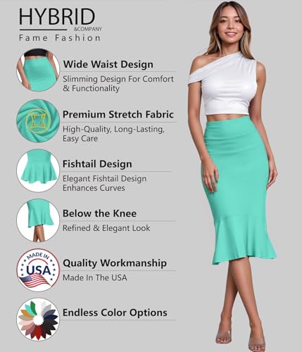 Image of HyBrid & Company Womens Premium Nylon Ponte Stretch Office Fishtail Pencil Skirt High Waist Made in The USA Below Knee