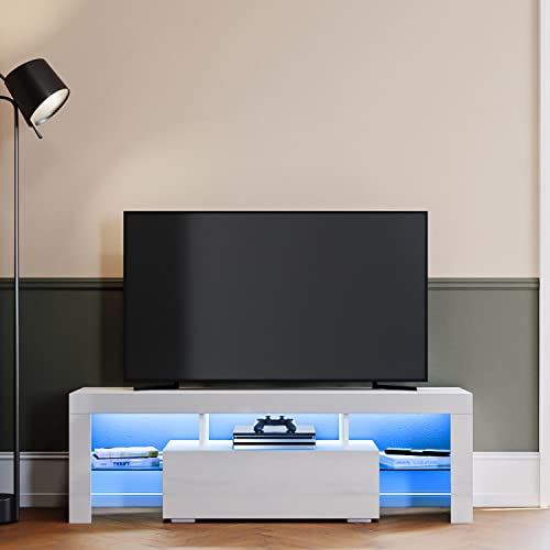 SIRHONA Meuble TV LED, Meuble TV Blanc Laqué avec 2 Compartiments et 1 Portes Bois avec Rangement Meuble Télé en Verre pour Salon Chambre Moderne Cover