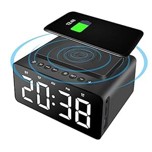 LINGSFIRE Wekker Nachtkastje Bluetooth-luidspreker FM-radio Niet tikkende met USB-oplader en draadloos QI-opladen, 3 niveaus digitaal dimbaar led-display, netvoeding met back-upbatterij