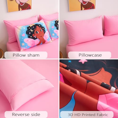Image of Black Girl Princess with Wings Comforter Set for Girls,Pink Blue Gradient Glitter Rainbow Galaxy 7 Piece Kids Bedding Set Queen,Bed in a Bag with Comforter Sheets Pillowcase & Sham