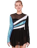 FYMNSI Damen Eiskunstlauf Kleid, Glitzer Metallic Langarm Ballettkleid mit Kristallen Ballettkleidung Gymnastik Leotard Turnanzug Tanzkost�m Tanzkleider Gymnastikanzug Blau S