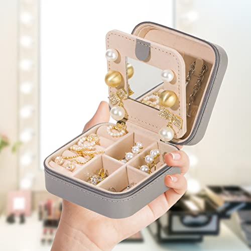 Image of KElofoN Travel jewelry case Travel jewelry box Travel Jewelry Organizer Small Jewelry Organizer Box Gift for Girls Women with Mirror(Grey)