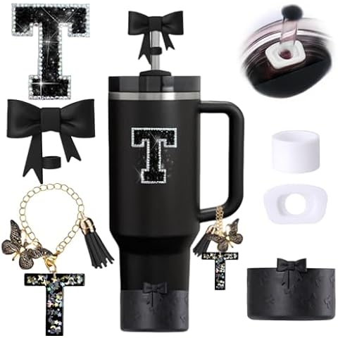 6pcs Black Stanley Cup Accessories Set, Bow Straw Topper for Stanley Cup 30oz 40oz, Including Straw Topper and Bow Silicone Boot, Stoppers Spill Proof, Handle Charm, Initials Sticker Cover