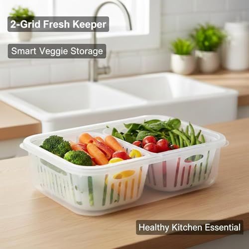 Image of HORNBILLS 2 Grid Fridge Storage Containers Fridge Organizer Container & Lid, Stackable Box, Space Saving Plastic Containers for Chopped Vegetables, Fruits Modern, Clean, and Practical Food Organizer