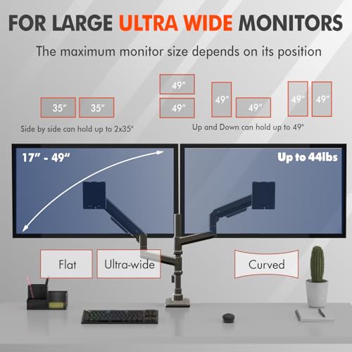 Image of Dual Monitor Arm for 17-49 Inch Ultrawide Screens - Heavy Duty Monitor Arm Desk Mount - VESA Mount with Clamp and Grommet Base - Holds Up to 44 lbs. Each