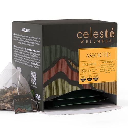 Image of Celeste Assorted Tea Bags | Herbal & Green Tea Sampler | 15 Pyramid Bags | 100% Natural Ingredients
