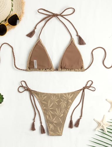 Image of ZAFUL 2 Piece Triangle Bikini for Women Knitted Rope Halter Bikini Sets Sexy Bathing Suit Side Tie Swimsuits Beachwear