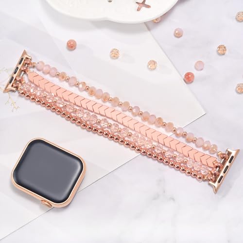 Image of MOFREE Beaded Bracelet Compatible for Apple Watch Band 38mm 40mm 41mm 42mm 44mm 45mm Women,Fashion Handmade Elastic Stretch Strap for iWatch Series SE 8 7 6 5 4 3 2 1