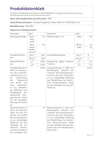 PKM Waschtrockner WT8+5BE | 8 Kg Waschen | 5 Kg Trocknen | 11 Programme | Steam Funktion | Timer | Startzeitvorwahl