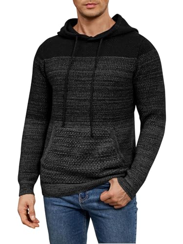 Danfiki Sudadera con capucha tipo pullover para hombre, de invierno, bloque de color, suéter a rayas de contraste, ajuste delgado, tops con cordón, sudadera de punto con bolsillo tipo canguro, Negro