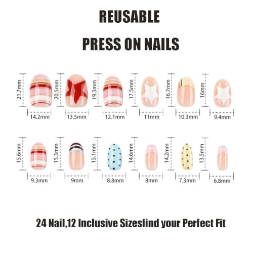 Image of Almond Press on nails Polka Dot Fake Nails Colorful Stripe Nails Press ons | French Tip False Nails with Star Design Glossy Full Cover nails French Tip Stick on Nails for Women Manicure 24Pcs