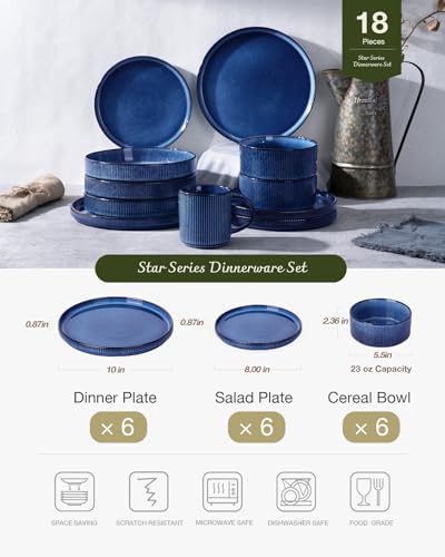 Image of Famiware Star 18-Piece Reactive Glaze Plates and Bowls Sets, Service for 6 - Stoneware Dinnerware with Trim, Modern Rustic Dishes, Chip & Scratch Resistant, Microwave & Dishwasher Safe, Nebulas Blue