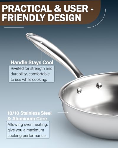 Cook N Home Stainless Steel Frying Pan Set, 8-inch, 10-inch, 12-inch Fry Pan, Tri-Ply Clad 18/10 Stainless Steel Skillet Sauté Cooking Pan, Induction Cookware, 3-Piece - Image 4