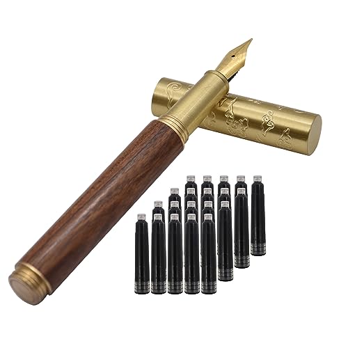 SIPLIV Handcrafted Auspicious Clouds Patterned Brass Wooden Fountain Pen Short Paragraph (101mm) Pocket Mini Travel Pen with 20 Pcs Black Ink Cartridges - Image 2