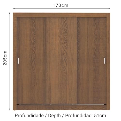 Image of Madesa Monaco Wardrobe, 3 Sliding Doors, Engineered Wood, Aluminium Handles, 170 cm Width, Brown, for Bedroom Storage