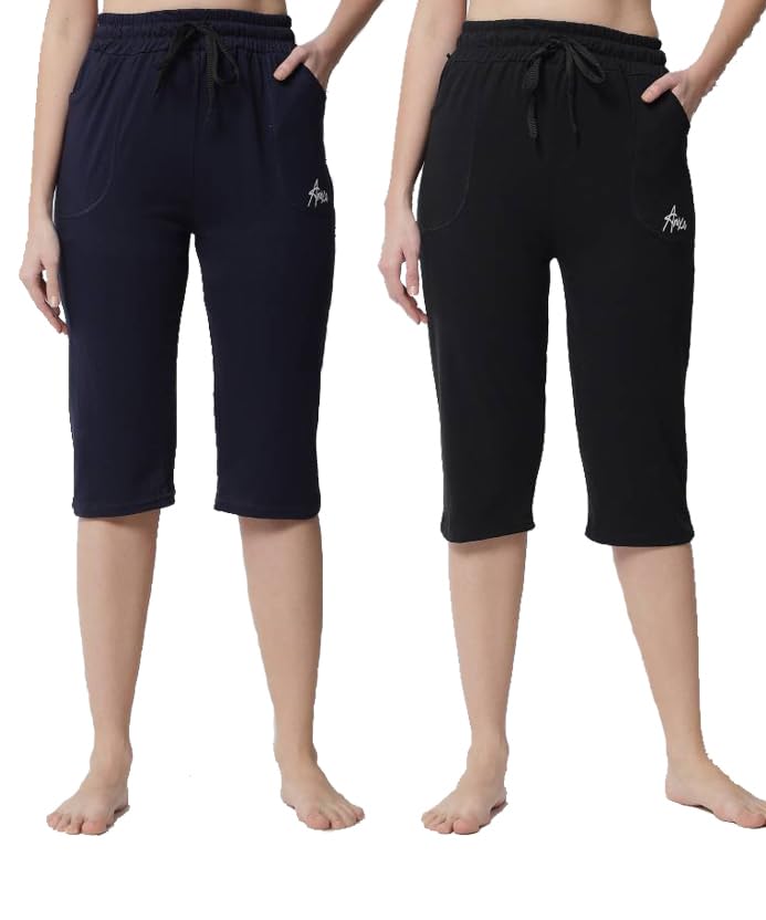 anixa Women's Cotton Capri Pants, Drawstring Waist, Pack of 2-picture-55