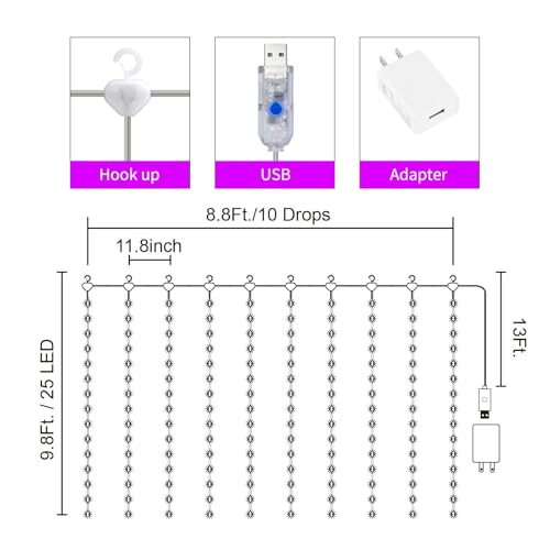 Image of 16 Colors Changing Curtain Lights - 250 LED 9.8 X 8.8 FT Fairy String, 7 Modes Twinkle with Remote, Backdrop Wall Hanging Dripping for Bedroom Backyard Halloween Christmas Decor