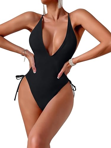 Lilosy Sexy Criss Cross Lace Up Plunge One Piece Swimsuit String Tie Side Cheeky Bathing Suit3