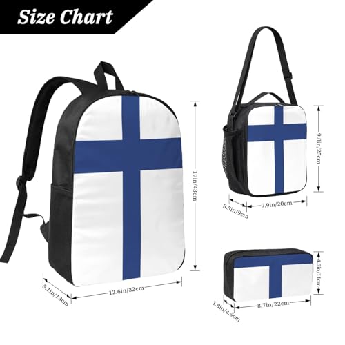 Finnish flag print Shoulder Bookbags Lunch Bag and Pen Case 17 inches Backpack with Lunch Box, Cute Bookbag Set4