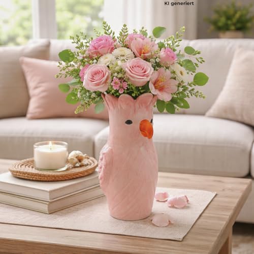 XL Dekovase, Vasenkopf, Papageivase, Blumenvase, Tiervase, Tischvase, Keramikvase, Vase als Papagei, Vase mit Papagei Dekor aus Keramik mit orangen Schnabel,in rosa/pink, L/B/H 13 x 13 x 25 cm.