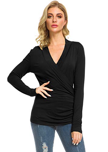 Afibi Womens Slim Fitted Deep V Neck Cross Wrap Top Long Sleeve T-Shirts2