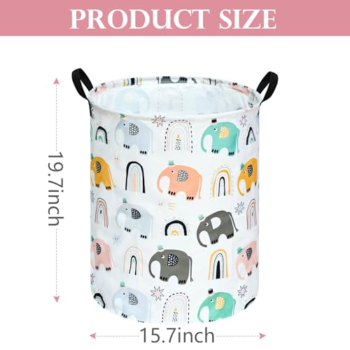 Image of Round Rainbow elephant Pattern Laundry Hamper Clothes Storage Basket Fabric Storage Hamper Organization Storage Bin, Nursery Box,Gift Basket with Handles