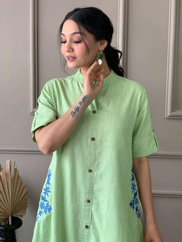Image of Women's Cotton Embroiderd Long A-Line Kurti with Palazzo