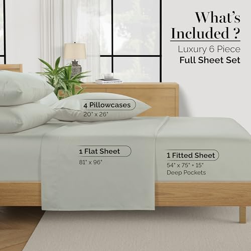 Casa Platino 100% Egyptian Cotton Sheets Full Size Set - 6 Pcs (1 Flat, 1 Fitted, 4 Pillowcases)- Ultra Smooth Sateen Weave Bed Sheets Set with 15" Deep Pockets - Silver