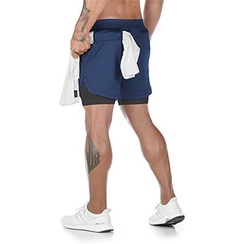 Surenow Mens Running Shorts，Workout Running Shorts For Men，2-In-1 Stealth Shorts， 7-Inch Gym Yoga Outdoor Sports Shorts Navy Blue #TOP2