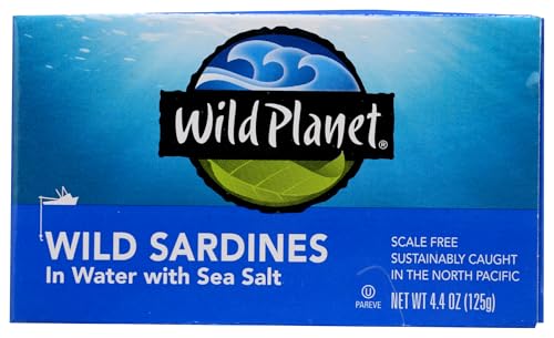 Wild Planet Wild Sardines in Water, Sea Salt, Tinned Fish, Sustainably Wild-Caught, Non-GMO, Kosher, Keto and Paleo, 3rd Party Mercury Tested, 4.4 Ounce Single Unit, Packaging May Vary