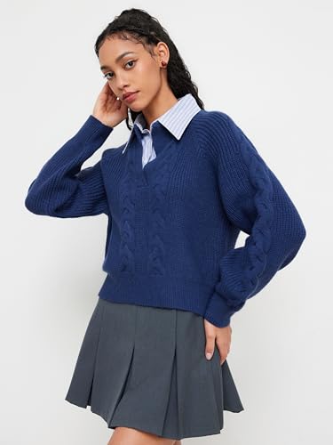 CIDER Cable Knit Sweater Women Crew Neck Two Tone Long Sleeve Knit Pullover Top Fashion Winter Sweaters4