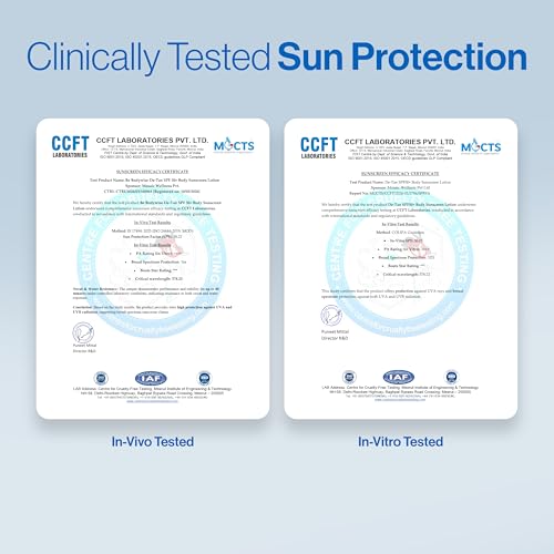 Image of Be Bodywise De-tan Body Sunscreen Lotion with SPF 50+ PA++++ | Broad Spectrum UVA & UVB Protection, No White Cast, Hydrates Skin | Niacinamide, Papaya & Guava Extract |Light-weight & Non-greasy, 175ml