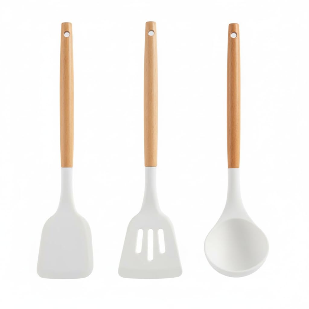 Klick N Shop Silicone Kitchen Utensils Set | 3 Pcs Spatula & Cooking Spoon Set with Wooden Handle | Heat Resistant, Non-Stick, BPA Free, Flexible & Durable Cookwae Tools (White, Pack of 3)