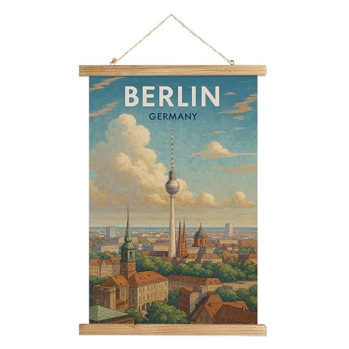 WREVERW Vintage Berlin Germany Wall Art Poster, TV Tower Cityscape Canvas Hanging Scroll with Wooden Frame, Travel Decor for Living Room Bedroom Office, 16x23 Inch