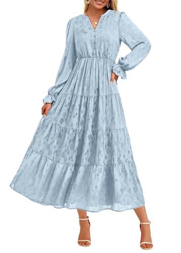 Image of KIRUNDO Spring Wedding Guest Dresses for Women 2026 Maxi Floral Long Sleeve Elegant Ruffle Tiered Flowy Party Long Dress