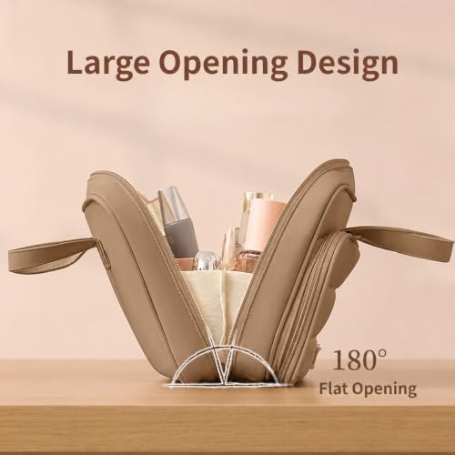 Image of WEMOL Large Opening Cosmetic Travel Bag for Women, Mocha Brown Big | Super Soft, For Brushes, Toiletries, Cosmetics