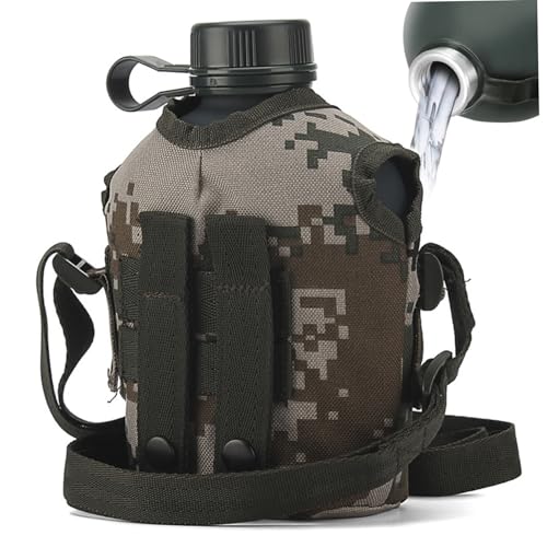 Cantil 1L a prueba de fugas de aleación de aluminio con funda y correa de camuflaje, botella de agua portátil multifuncional para camping y senderismo al aire libre miniatura 3