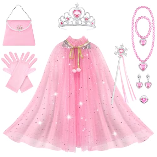 AOOWU Capa princesa menina, princesa acessórios conjunto com coroa, varinha mágica, colar, brincos, luvas, anel, pulseira e bolsa, capa disfarces de tule com lantejoulas para Halloween carnaval festa