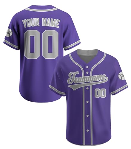 Custom Baseball Jersey for Women Men Youth Kids Personalized Baseball Button Down Shirt Print Name Number Logo, Purple & Grey Jerseys