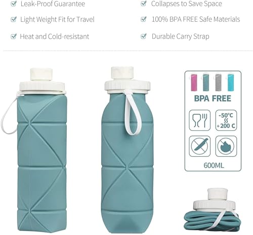 Image of Folding Silicone Water Bottle 600ml for Sports Outdoor Travel Running Riding Camping Hiking BPA-Free Leak-Proof Portable Collapsible