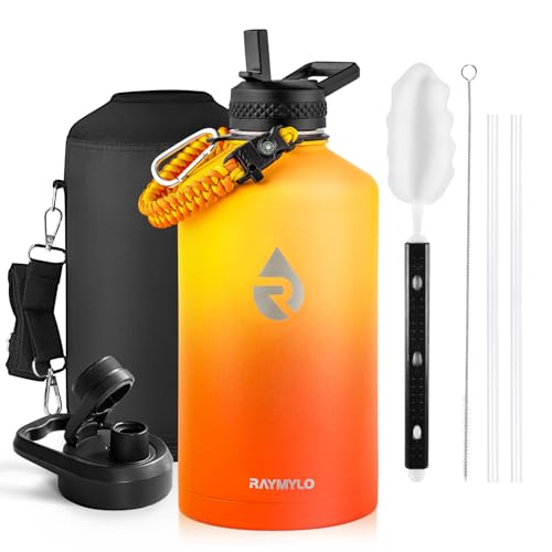 Image of One Gallon Water Bottle Insulated, Triple Walled Vacuum Stainless Steel (Cold for 48 Hrs), Leak Proof & Non-BPA, Large Water Flask Jug with Paracord Handle & Straw Spout Lids