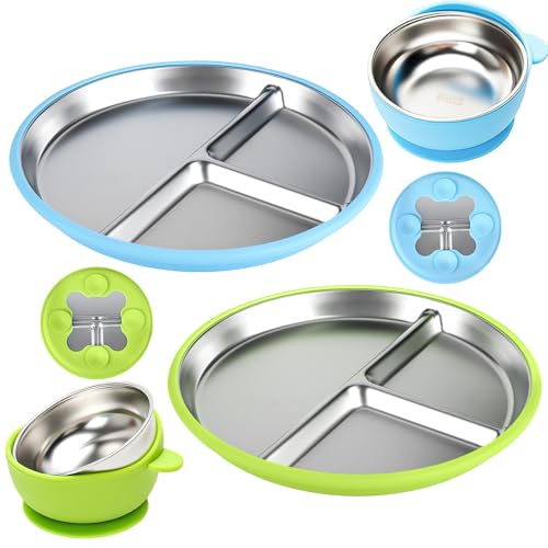 comeder 4 Pack Stainless Steel Toddler Plates and Bowls with Suction, Baby Bowl and Divided Plate with Removable Silicone Sleeve for Baby Led Weaning Supplies, Unbreakable & Dishwasher Safe