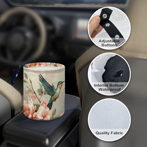 Image of Pensura Floral Hummingbird Auto Trash Bag Portable Waterproof Car Back Seat Organizer Adjustable Buttons Trash Can for Car Accessories, Vehicle, Travelling, Camping