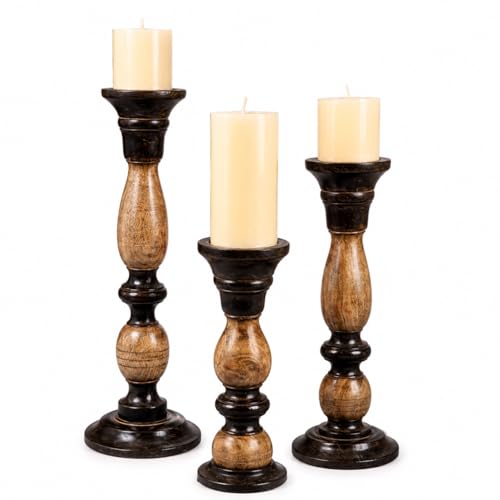 Bougeoirs noirs en bois stables pour table basse et repas rustique - 2