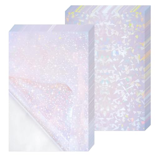 12 Sheets Holographic Sticker Paper, A4 Transparent Holographic Overlay Lamination Vinyl, DIY Self Adhesive Glitter Laminate Waterproof Sticker Paper for Decoration, Starry Sky+Broken Glass Pattern