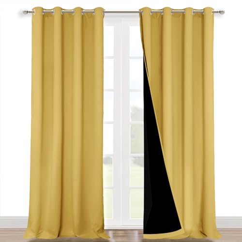 Image of NICETOWN 100% Blackout Blinds, Laundry Room Decor Window Treatment Curtains for Large Patio Sliding Door, Thermal Insulated Bright Yellow Curtains for Bedroom, Set of 2, 52 inches x 108 inches
